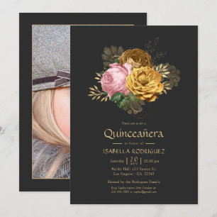 Invitación Blush Vintage y Floral Dorado Foto de Quinceañera