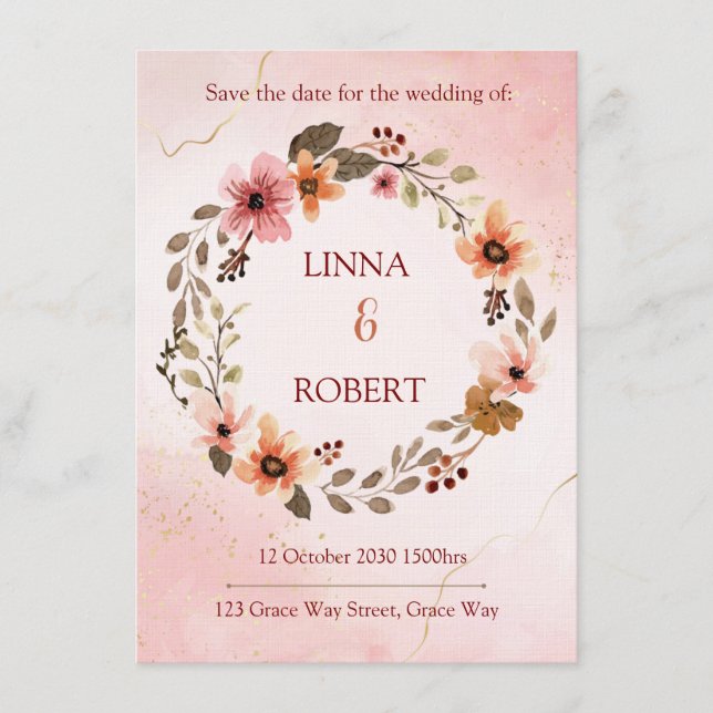 Invitación blush watercolor floral wedding invitation  (Anverso)