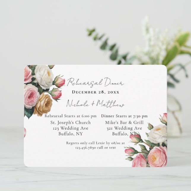 Invitación Blush White Gold Floral Rehearsal Dinner (Anverso de pie)
