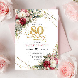 Invitación Blush white roses elegant gold trim 80th birthday 
