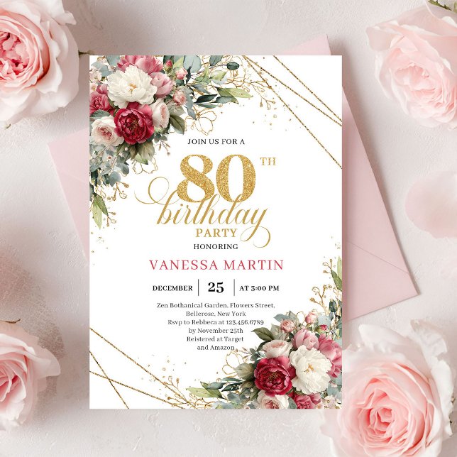 Invitación Blush white roses elegant gold trim 80th birthday  (Blush white roses elegant gold trim 80th birthday invitation

)
