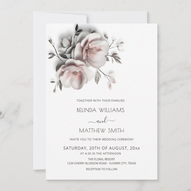 Invitación Blush White Textured Roses Simple Wedding (Anverso)