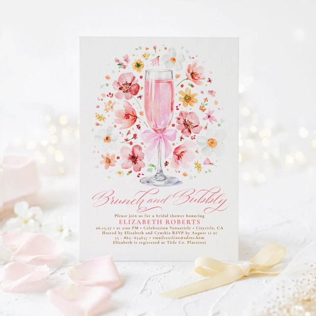 Invitación Blush Wildflower Brunch and Bubbly Bridal Shower (Blush Pink Watercolor Flowers Brunch and Bubbly Bridal Shower Invitations)