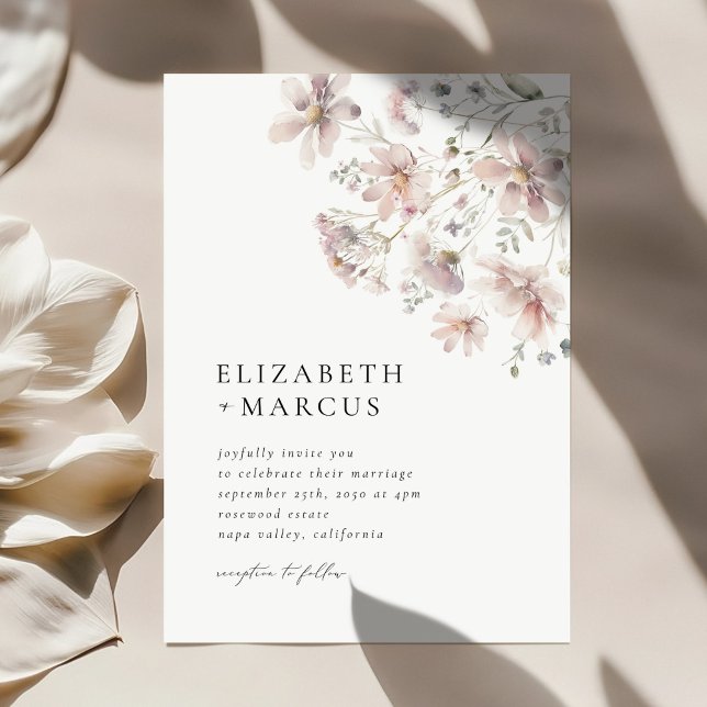 Invitación Blush Wildflower Minimal Boho Wedding Invitation (Blush wildflower wedding invitation with elegant serif typography and soft floral corner design)