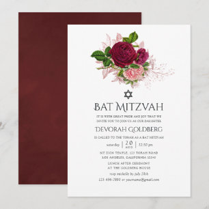 Invitación Blush y Burgundy Floral Chic Vintage Bat Mitzvah