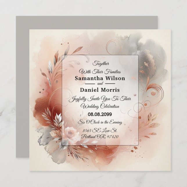 Invitación Blushing Petals and Silver Swirls Wedding (Anverso / Reverso)
