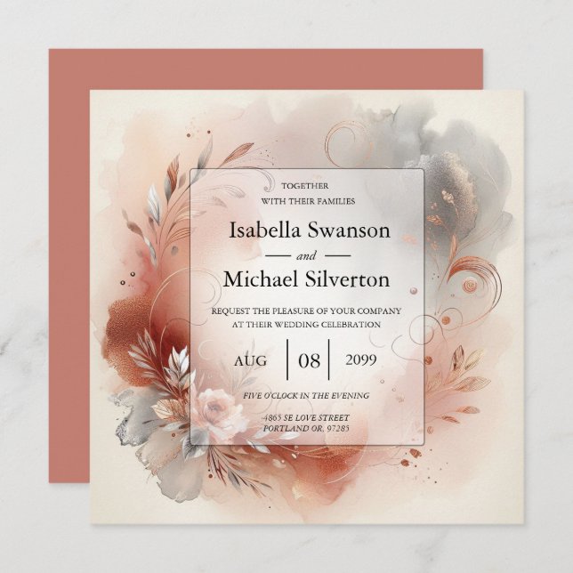 Invitación Blushing Petals and Silver Swirls Wedding (Anverso / Reverso)