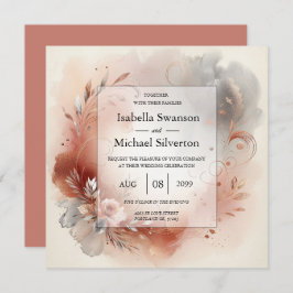 Invitación Blushing Petals and Silver Swirls Wedding