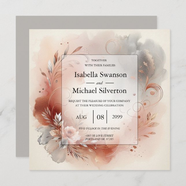Invitación Blushing Petals and Silver Swirls Wedding (Anverso / Reverso)
