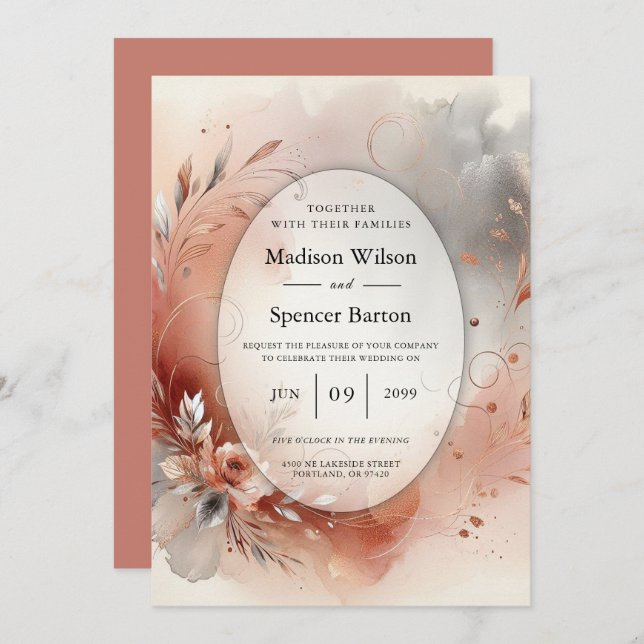 Invitación Blushing Petals and Silver Swirls Wedding (Anverso / Reverso)