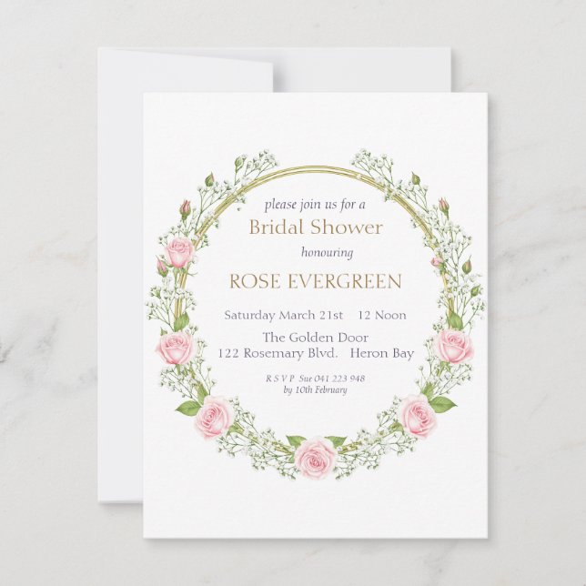 Invitación Blushing Romance: Pink Roses and Baby’s Breathe (Anverso)