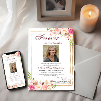 Invitación BlushPink Boho Gold Memorial Service Funeral Photo