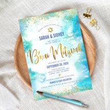 B'nai Mitzvah acuarela turquesa de oro moderno