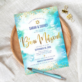 Invitación B'nai Mitzvah acuarela turquesa de oro moderno