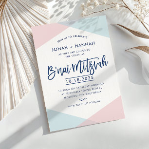 Invitación B'NAI MITZVAH guión moderno minimalista azul rosa