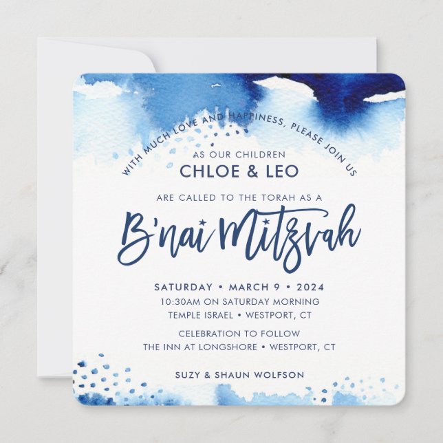 Invitación B'NAI MITZVAH INVITE acuarela azul con membrana a  (Anverso)