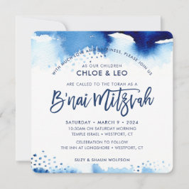 Invitación B'NAI MITZVAH INVITE acuarela azul con membrana a