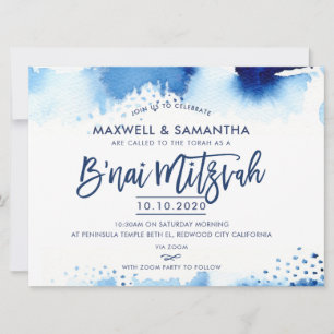 Invitación B'NAI MITZVAH INVITE acuarela azul con membrana a