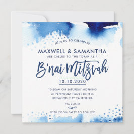 Invitación B'NAI MITZVAH INVITE acuarela azul con membrana a