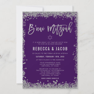 Invitación B'nai Mitzvah Purpura Plateado Falso Brillo
