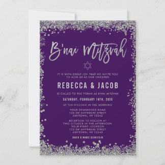 Invitación B'nai Mitzvah Purpura Plateado Falso Brillo