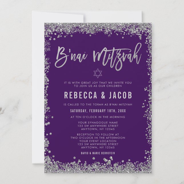 Invitación B'nai Mitzvah Purpura Plateado Falso Brillo (Anverso)