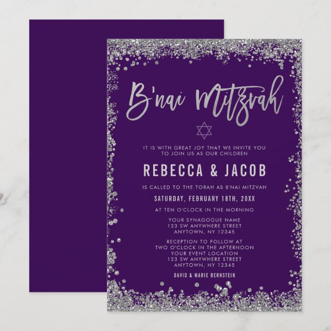 Invitación  B'nai Mitzvah Purpurina de Faux Plata Púrpura (Anverso / Reverso)