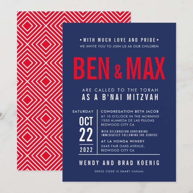 Invitación B'NAI MITZVAH tipo bloque moderno negrita azul mar (Anverso / Reverso)