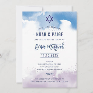 Invitación B'NEI MITZVAH acuarela escrita a mano azul y púrpu