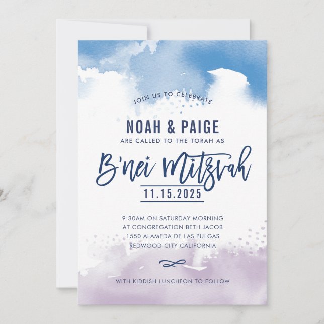 Invitación B'NEI MITZVAH acuarela escrita a mano azul y púrpu (Anverso)