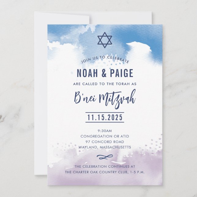 Invitación B'NEI MITZVAH guión azul y morado acuarela 2 (Anverso)
