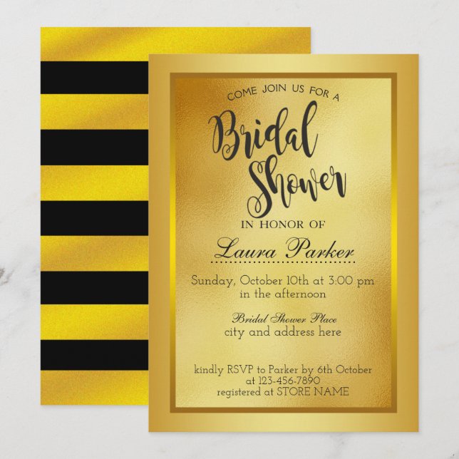 Invitación Boarder dorado Purpurina de ducha de novia Metaliz (Anverso / Reverso)