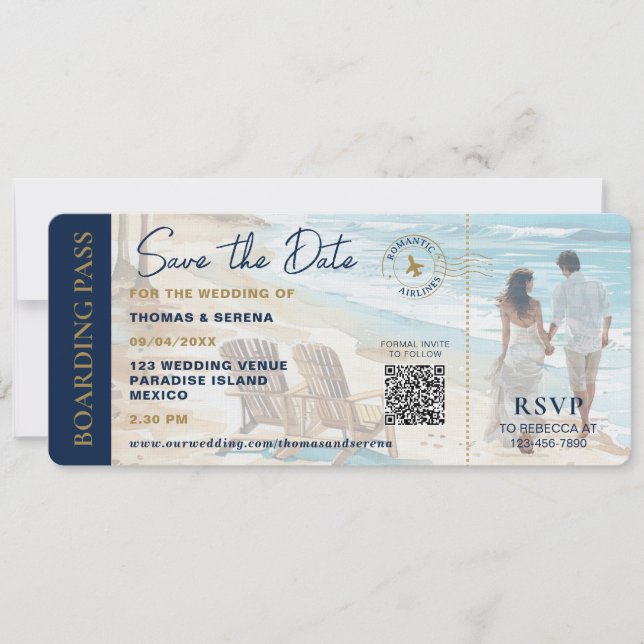Invitación Boarding Pass Beach Save The Date QR Code Wedding (Anverso)
