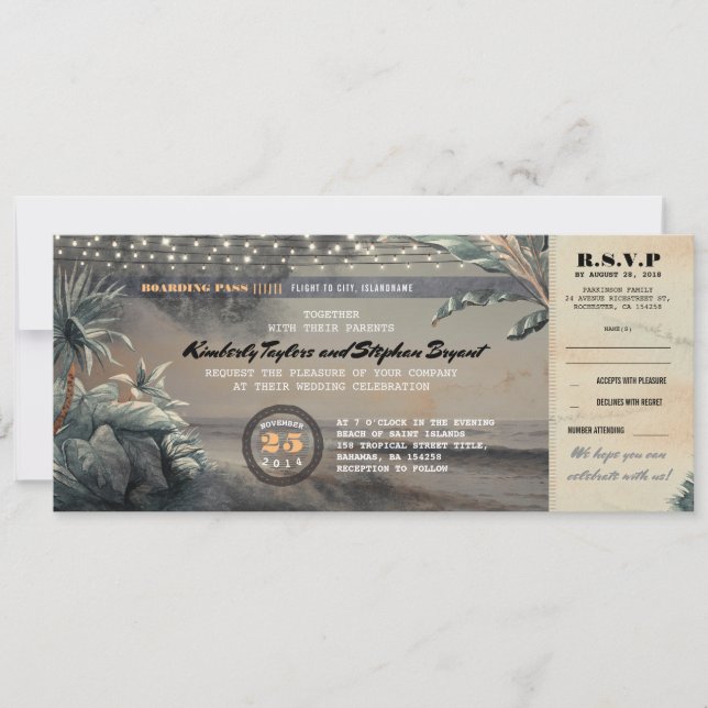 Invitación Boarding Pass Beach String Lights Boda Ticket (Anverso)