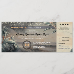 Invitación Boarding Pass Beach String Lights Boda Ticket