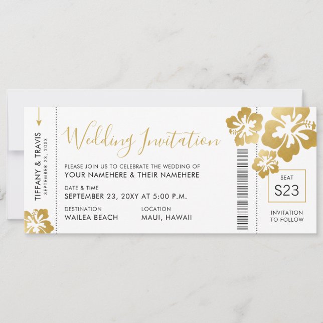 Invitación Boarding Pass Ticket Gold Hibiscus Hawaii Boda (Anverso)