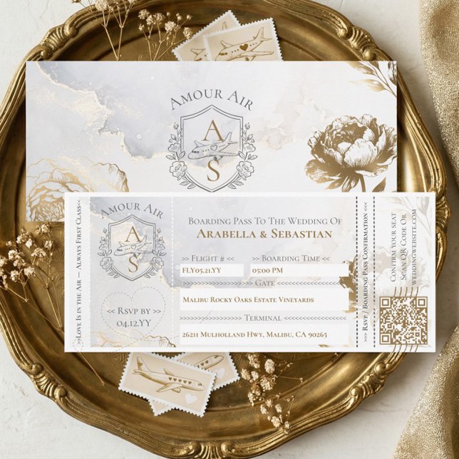Invitación Boarding Plane Ticket Floral Destination Wedding (Boarding Plane Ticket Floral Destination Wedding Invitation)