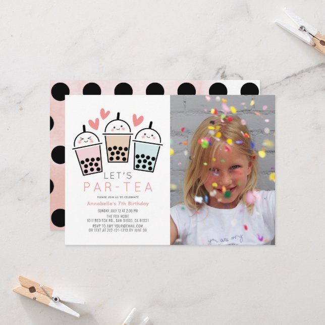 Invitación Boba Bubble Tea Party Girl Photo Birthday (Anverso/Reverso In Situ)