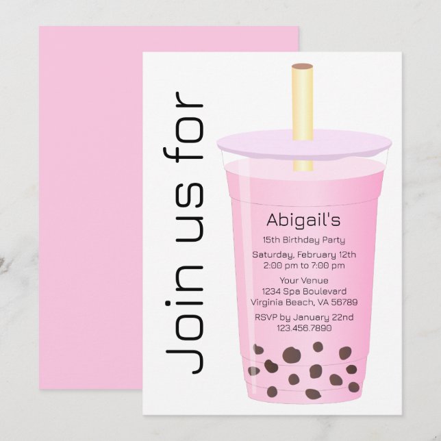 Invitación Boba Tea de moda moderna en blanco y rosado Cumple (Anverso / Reverso)