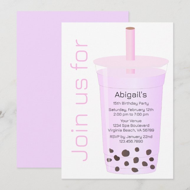 Invitación Boba Tea de moda rosa moderno y lavanda Cumpleaños (Anverso / Reverso)