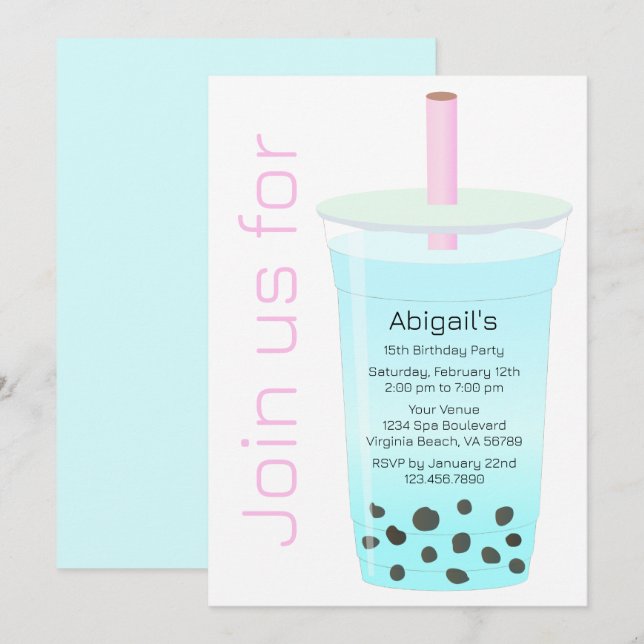 Invitación Boba Tea moderna de moda rosa y azul cumpleaños (Anverso / Reverso)