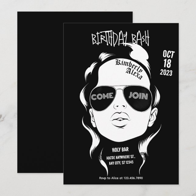 Invitación Bocada de cumpleaños de rock chica gangsta negro (Anverso / Reverso)