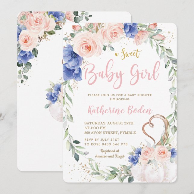 Invitación Bocadillo Rubor Floral Azul Chica de flores Baby S (Anverso / Reverso)