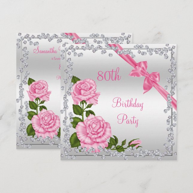 Invitación Bocas de flores y diamantes 80 cumpleaños doble ca (Anverso / Reverso)