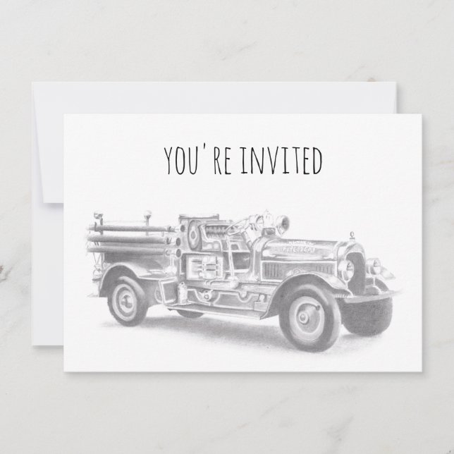Invitación boceto a lápiz de camión de bomberos antiguo dibuj (Anverso)