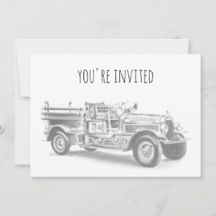 Invitación boceto a lápiz de camión de bomberos antiguo dibuj