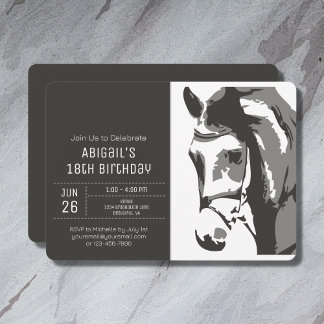 Invitación Boceto de caballos Gris moderno y Cumpleaños Blanc
