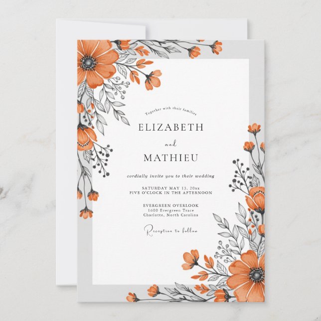Invitación Boceto de naranja quemada para boda de otoño (Anverso)