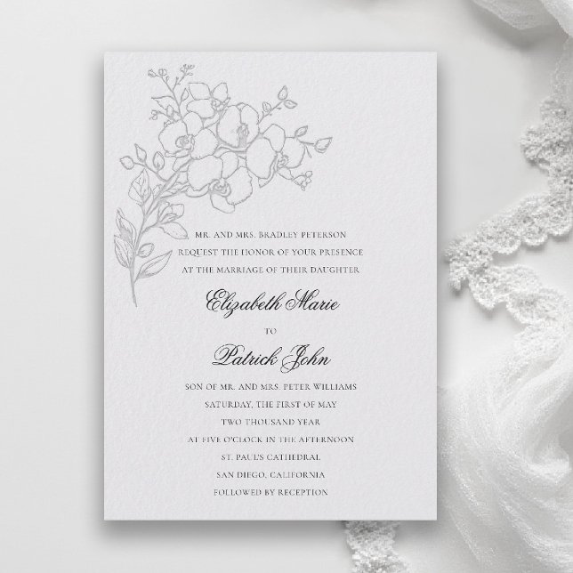 Invitación Boceto de orquídea formal tradicional boda marfil (orchid wedding invitation ivory veil formal modern classic traditional black tie parents hosting)