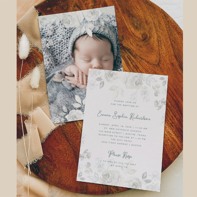 Invitación Boceto floral dulce | Bautismo con foto de vuelta (A sweet, neutral Baptism invitation with elegant sketched flowers with a photo back)